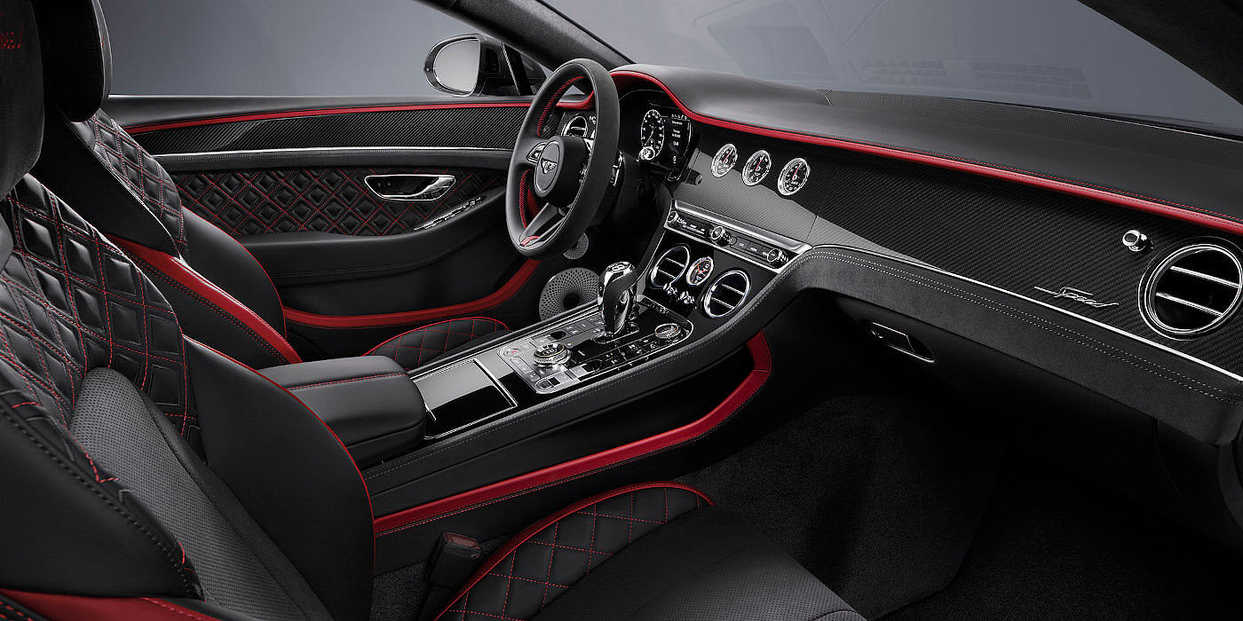Emil Frey Exclusive Cars GmbH | Bentley München Bentley Continental GT Speed coupe front interior in Beluga black and Hotspur red hide