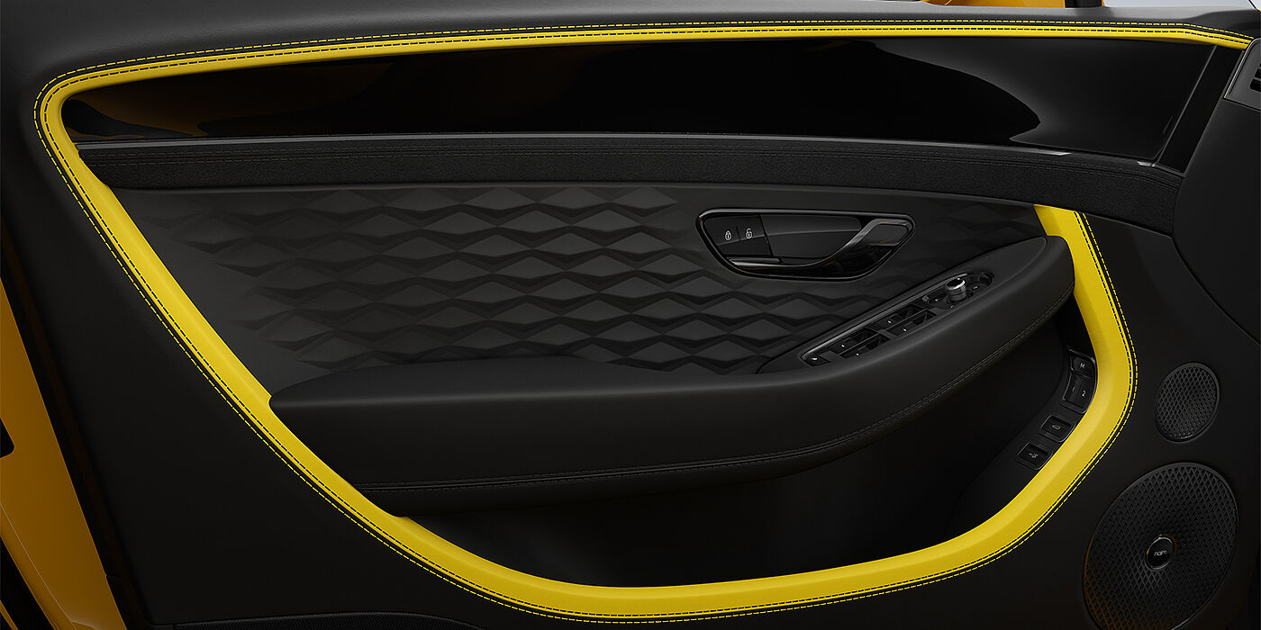 Emil Frey Exclusive Cars GmbH | Bentley München Bentley Continental GT Speed coupe door detail in Cyber yellow and Beluga black hides