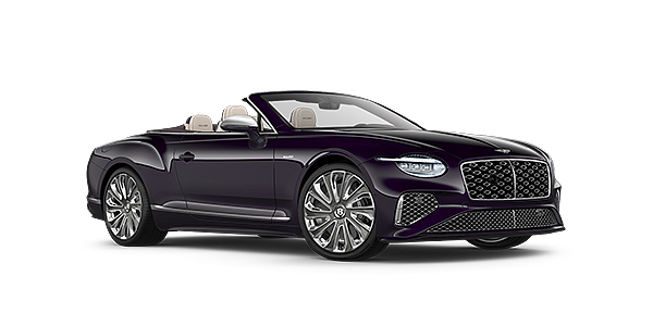 Emil Frey Exclusive Cars GmbH | Bentley München Bentley New Continental GTC Mulliner convertible front three quarter view in Damson paint with 22 inch Mulliner painted and polished wheel