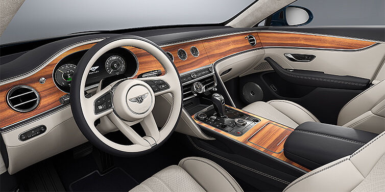 Emil Frey Exclusive Cars GmbH | Bentley München New Bentley Flying Spur sedan front interior in Linen and Imperial Blue hides with Open PoreKoa veneer