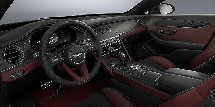 Emil Frey Exclusive Cars GmbH | Bentley München New Bentley Flying Spur S sedan front interior in Cricket Ball red  and Beluga Black hides with Diamond Brushed Dark Tint Aluminium veneer