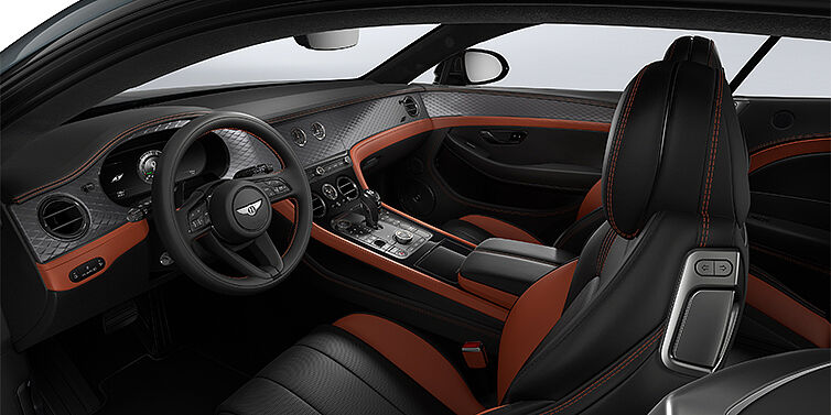 Emil Frey Exclusive Cars GmbH | Bentley München Bentley Continental GT coupe front interior in Newmarket Tan and Beluga black hides with Diamond Brushed Dark Tint Aluminium veneer