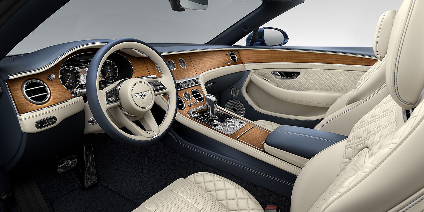 Emil Frey Exclusive Cars GmbH | Bentley München Bentley Continental GTC Azure convertible front interior in Imperial Blue and Linen hide