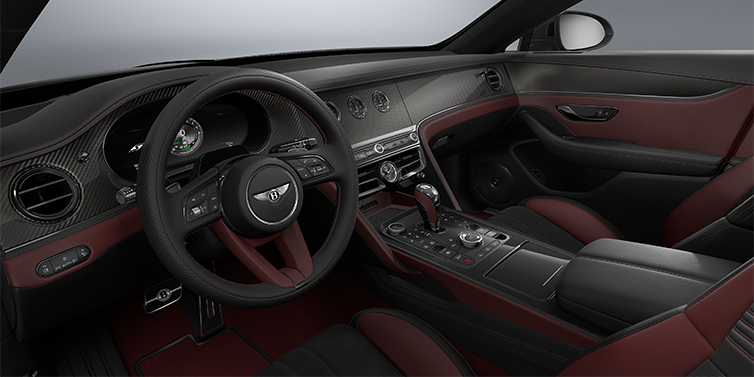 Emil Frey Exclusive Cars GmbH | Bentley München New Bentley Flying Spur S sedan front interior in Cricket Ball red  and Beluga Black hides with Diamond Brushed Dark Tint Aluminium veneer