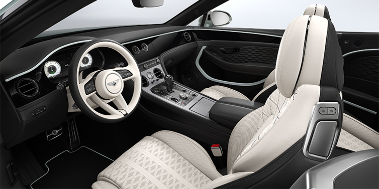 Emil Frey Exclusive Cars GmbH | Bentley München Bentley Continental GTC Mulliner convertible front interior in Linen and Beluga black hides with Breeze accent hide