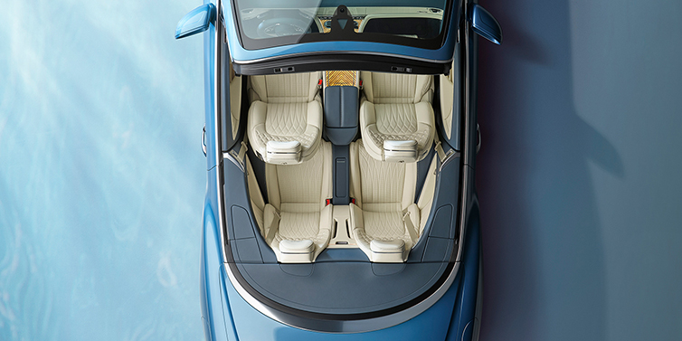 Emil Frey Exclusive Cars GmbH | Bentley München New Bentley Continental GTC Azure convertible in Light Windsor blue paint overhead view of cabin with stitched Linen and Brunel hides