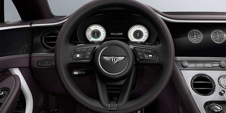 Emil Frey Exclusive Cars GmbH | Bentley München Bentley Continental GT Mulliner coupe steering wheel in Beluga black and Damson hides with white accent hide