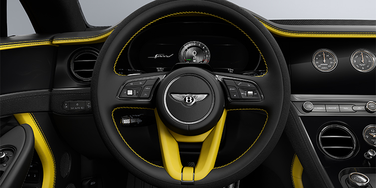 Emil Frey Exclusive Cars GmbH | Bentley München Bentley Continental GT Speed coupe steering wheel in Cyber Yellow and Beluga black hides