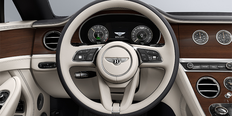 Emil Frey Exclusive Cars GmbH | Bentley München Bentley Continental GTC convertible steering wheel in Linen and Imperial Blue hides